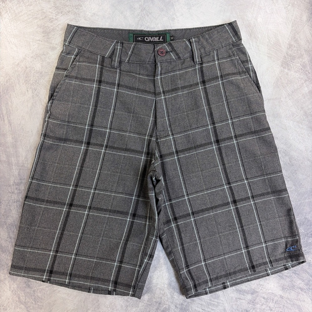 O'Neill Plaid Shorts Mens 32 Grey Casual Surf Walk Shorts Embroidered Logo